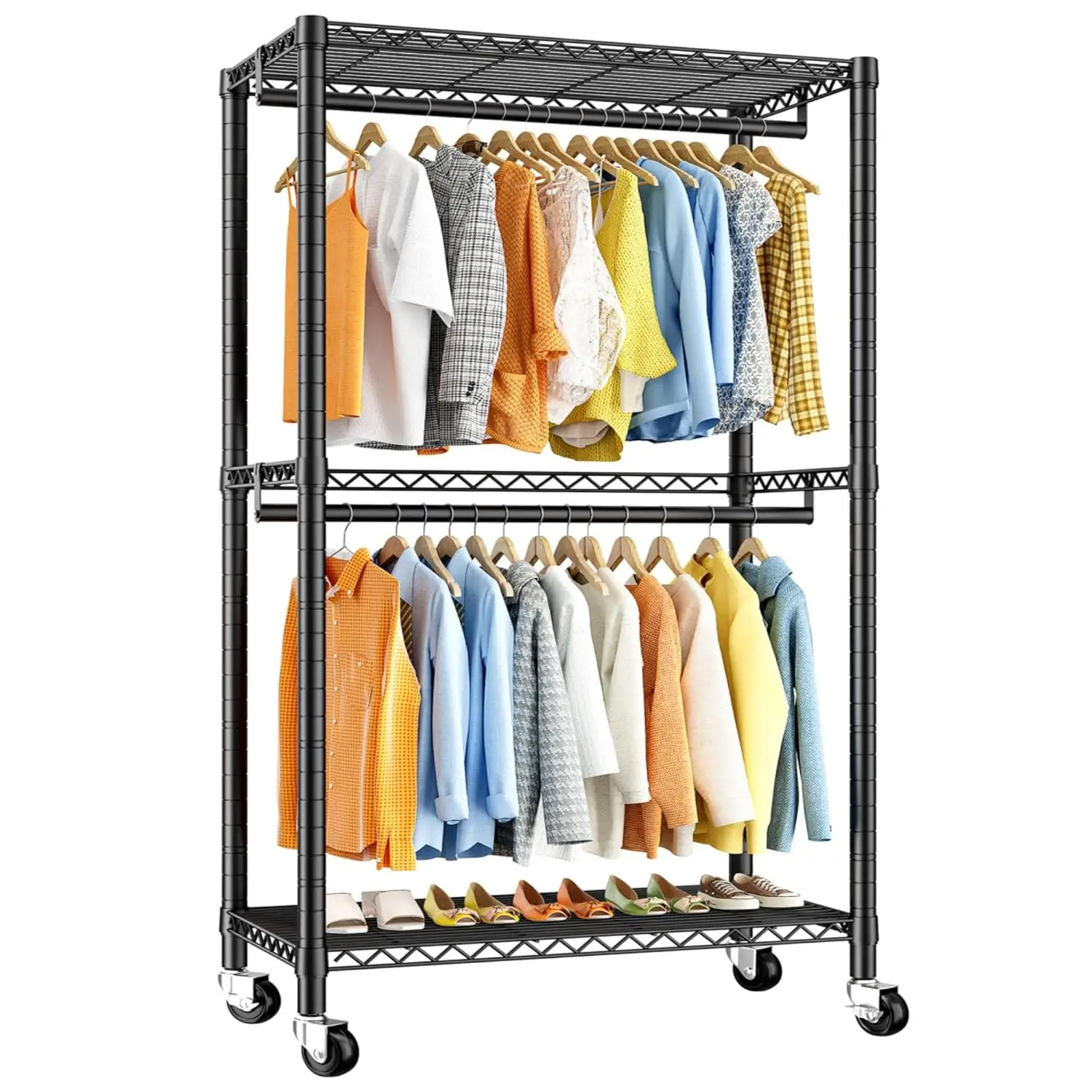 

Clothing Rack with Wheels,Clothes Rack for Hanging Clothes,Portable Closet,2 Shelves,Black, Customized