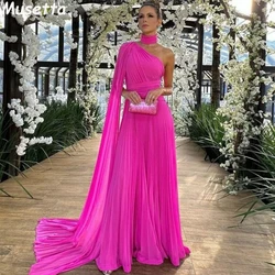 Musetta Sexy Fuchsia A-line Pleated Chiffon Prom Dresses Elegant One Shoulder Evening Party Dress Cape Sleeve Celebrity Gowns