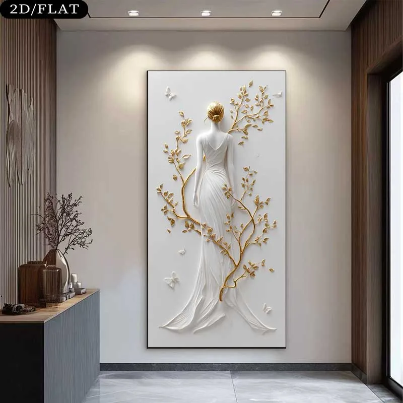 

2D Flat Large Modern Elegant Woman with Golden Branches & Butterfly Canvas Wall Art Unframed Canvas Prints for Living Room Decor