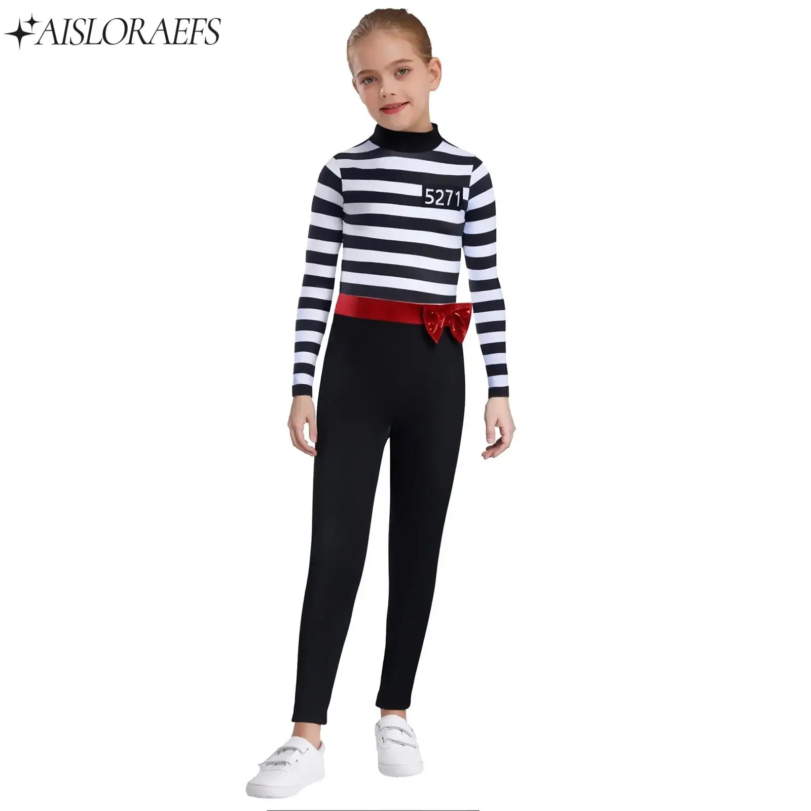 

Girls Prisoner Role Play Costume Long Sleeve Contrast Color Sstripes Jumpsuit with Non-detachable Bow for Halloween Party