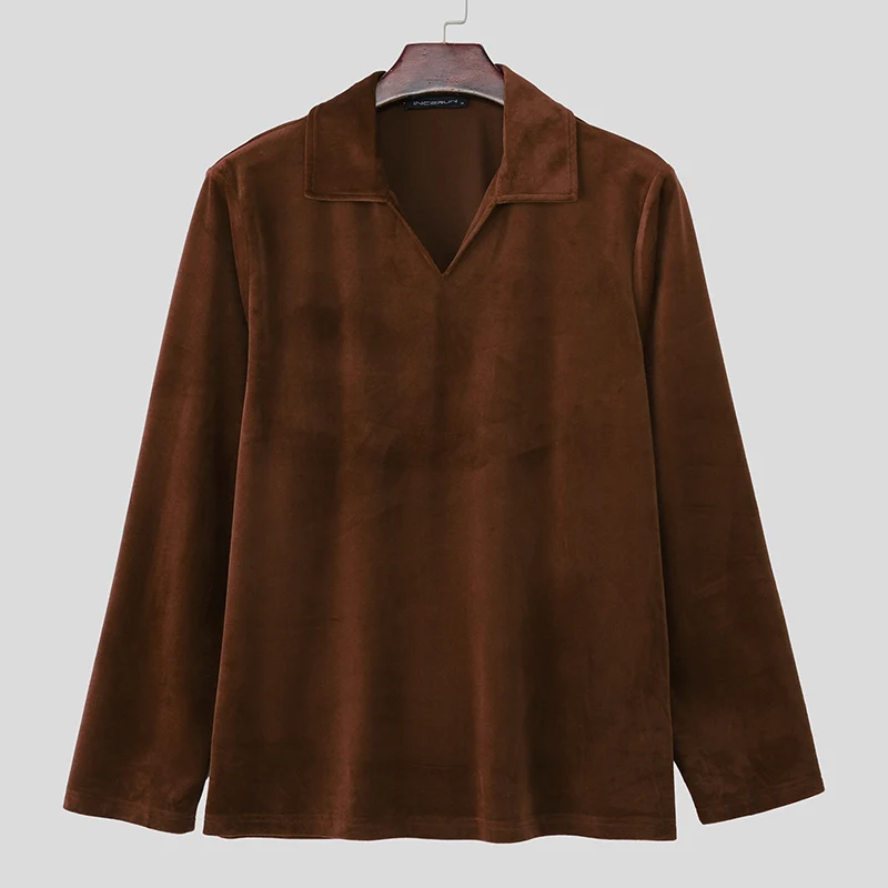 

INCERUN мужские рубашки сплошной цвет с лацканами и длинным рукавом велюровая повседневная мужская одежда уличная одежда свободные 2025 модные мужские рубашки для отдыха