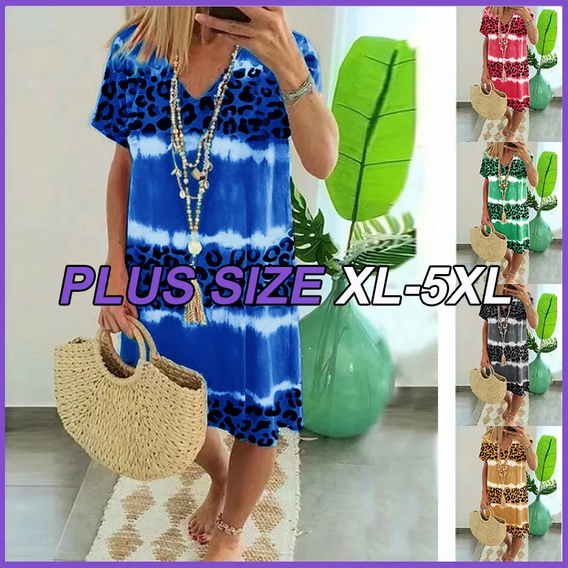 

Plus Size Women's 4XL 5XL Fashion Casual Dresses Summer Casual Frocks Tie Dye Leopard Short Sleeve V-Neck Slight Stretch Dress