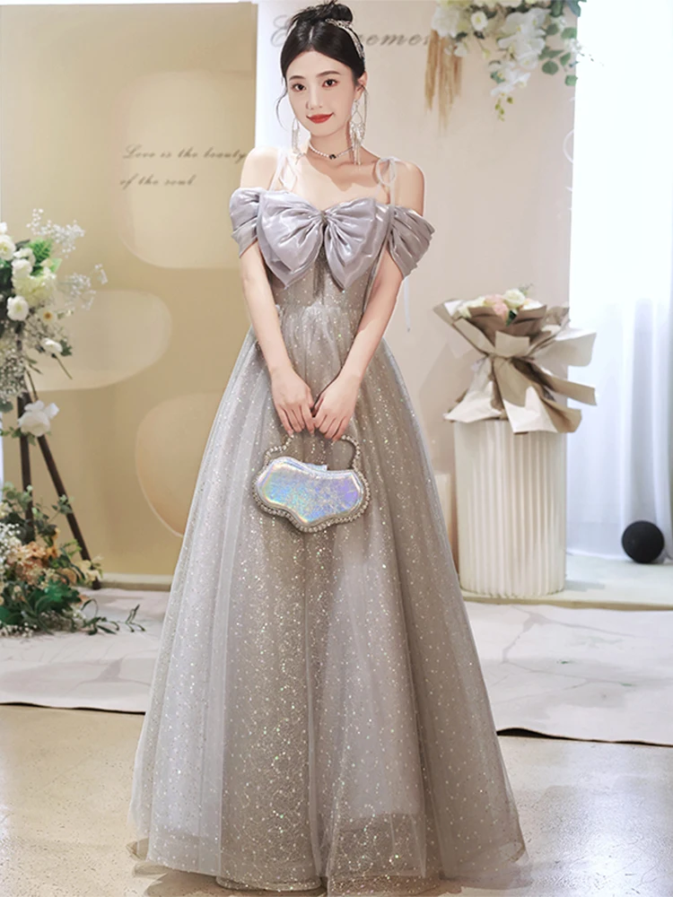 Robe de soiree 2024 wholesale Off Shoulder Lace up Elegant Embroidery Toast Banquet Long style Party Prom Dress Evening Dress