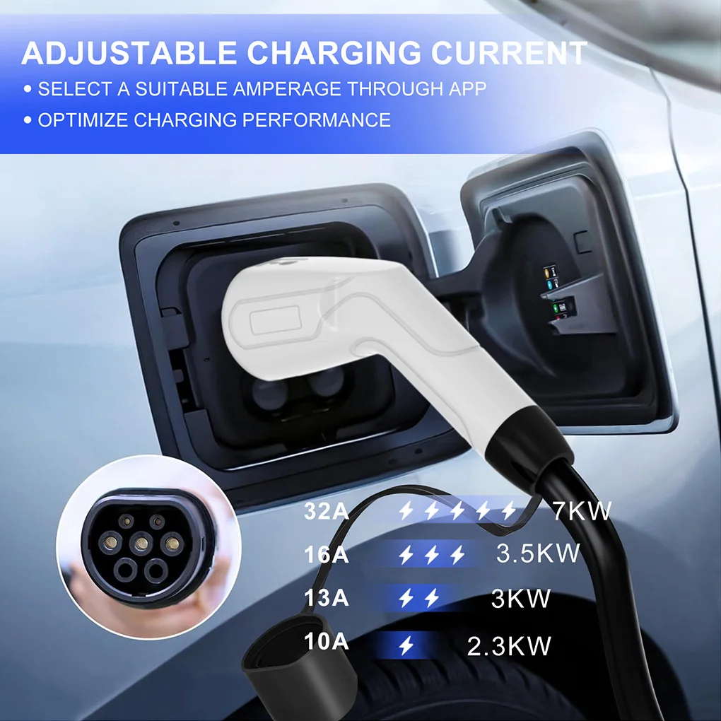 

Type 2 Portable EV Charger 7KW 32A 1Phase Wallbox Type1/GBT EVSE Fast Charging Cable APP Bluetooth Control