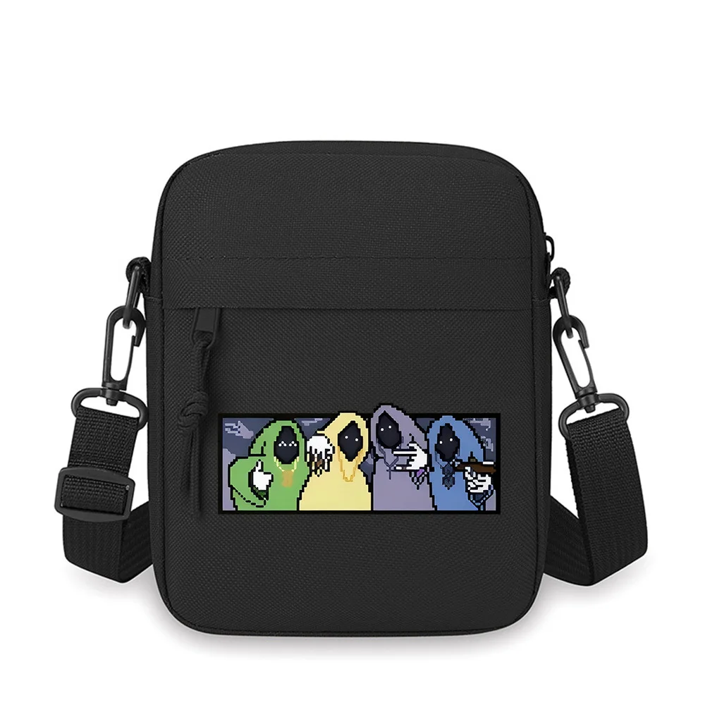 

Cloaked figures holding weapons,pixelated faces Men Crossbody Bag Single Shoulder Women Cartoon Anime Film Printing Design Unise