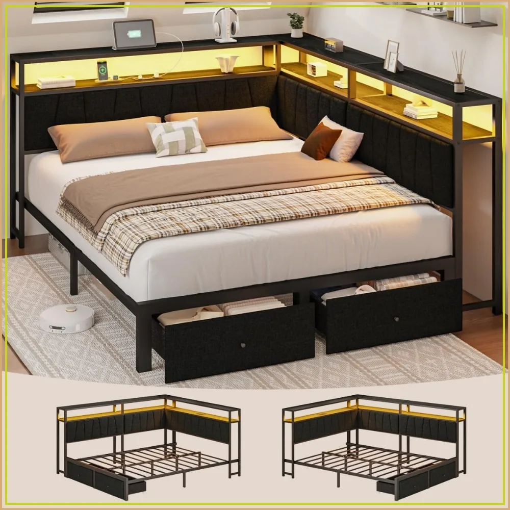 Queen Corner Bed Frame with Storage Drawers, LED Lights, Charging Station, Metal Platform, Black