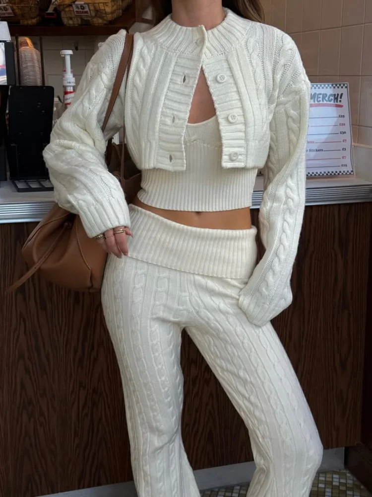 Knit Pants Sets 3 Pieces For Women White Crop Halter Vest Short Button Cardigans Fold High Waist Flare Pants 2025 Spring Outfit