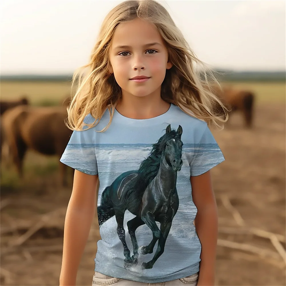 2025 Animal Horse 3d Print T Shirt For Girls Cute Girl T Shirts Kids Gift Tee Short Sleeve Casual Top Children's Clothing