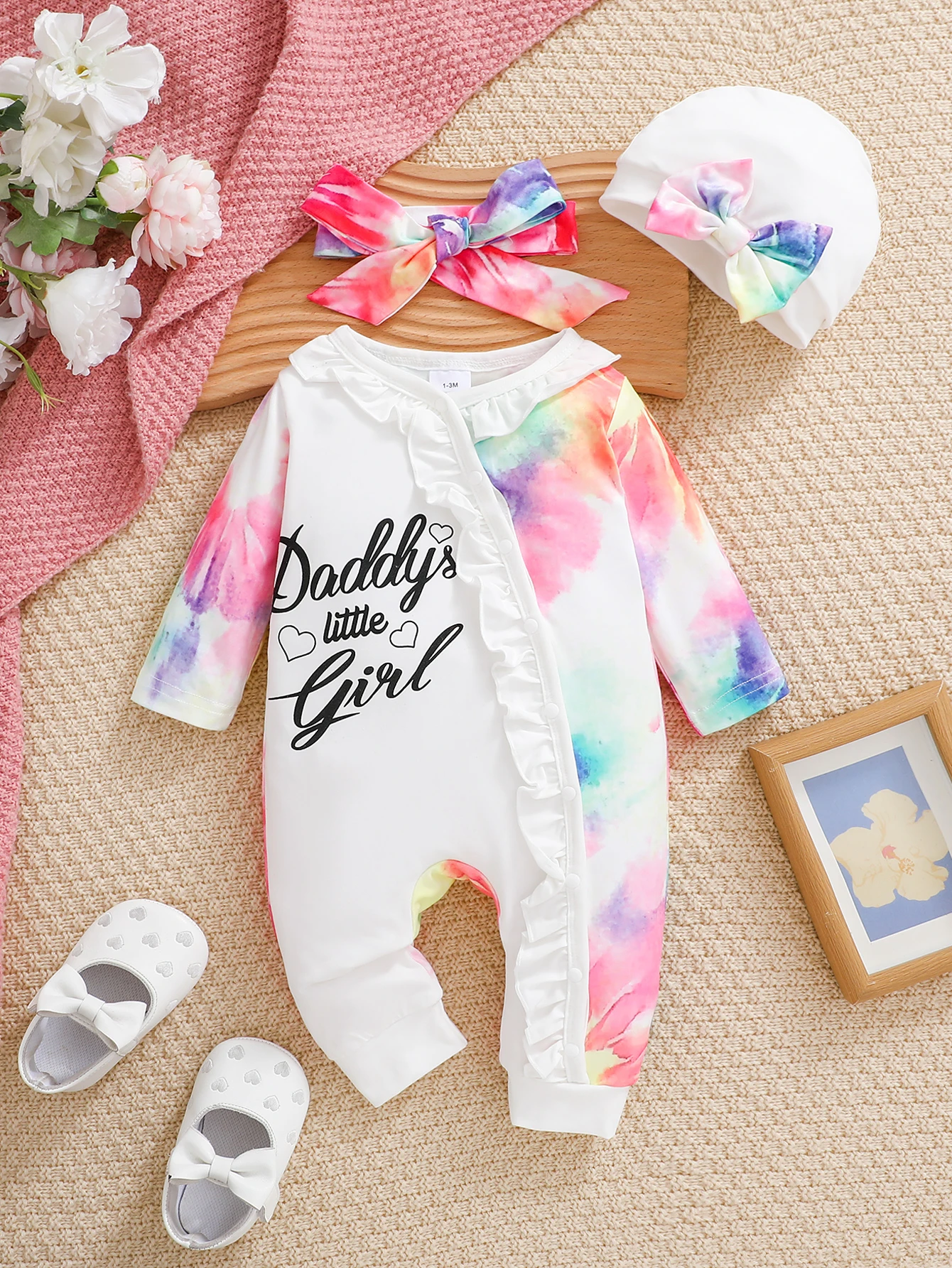 Strampler-Outfit mit Batikmuster für Neugeborene: „Daddy's Little Girl“-Aufdruck mit Kopfbedeckung und Mütze
