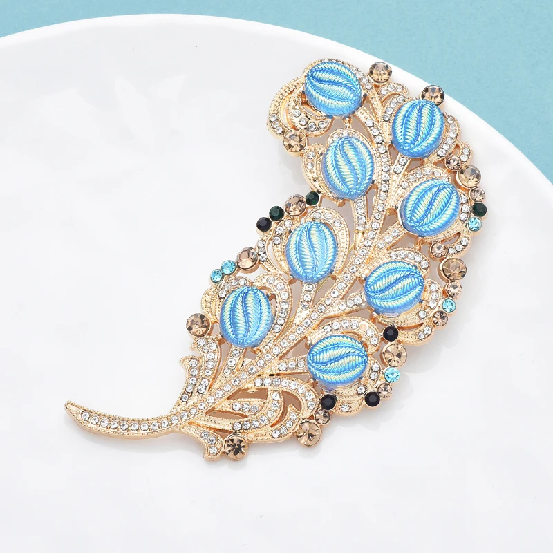 Wuli&baby Big Palace Style Feather Brooches For Women Lady Elegant Blue Leaf Flower Party Office Brooch Pins Gifts