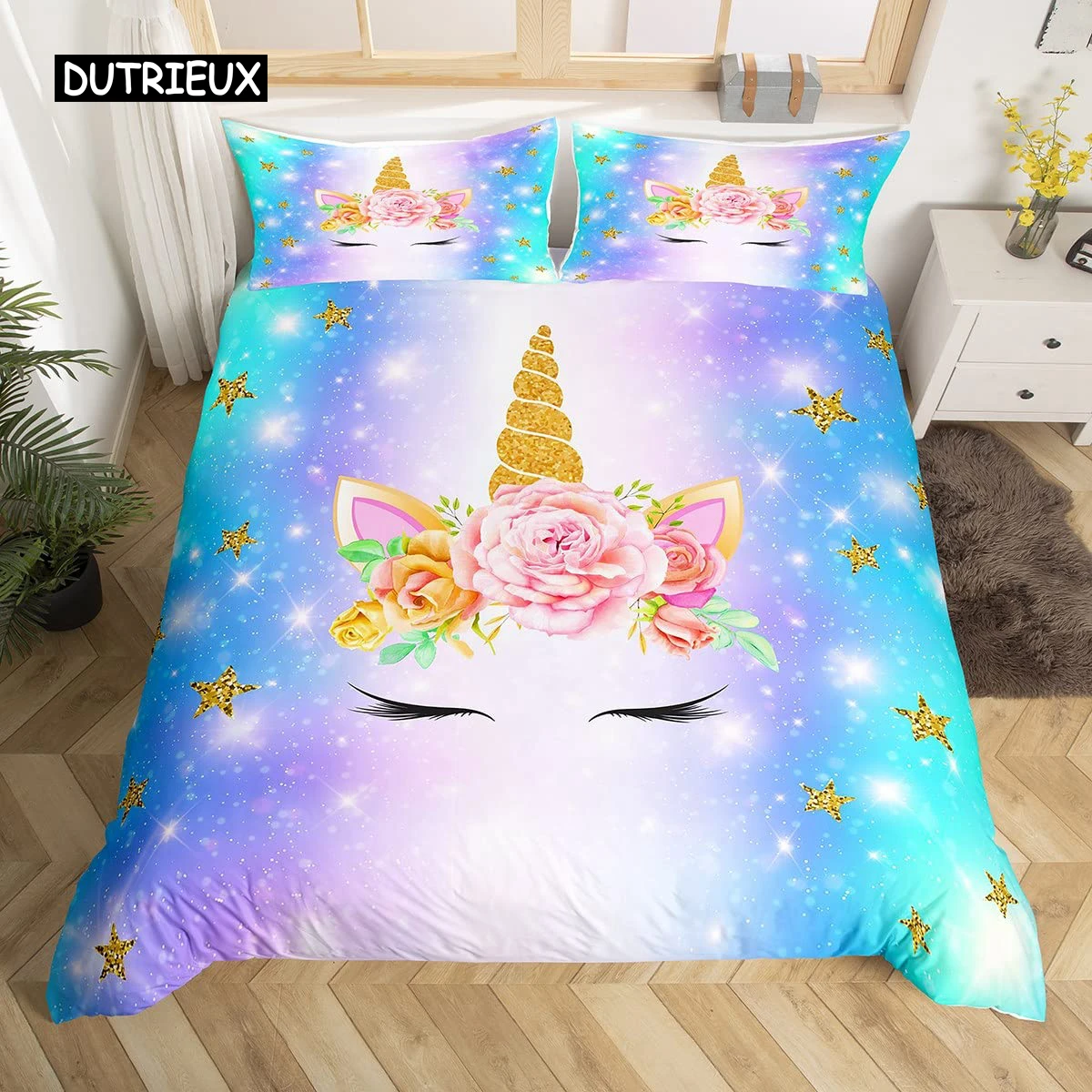 

Girls Cute Unicorn Duvet Cover Set Cartoon Animal Bedding Set Microfiber Floral Star Quilt Cover Twin King For Kids Teens Room