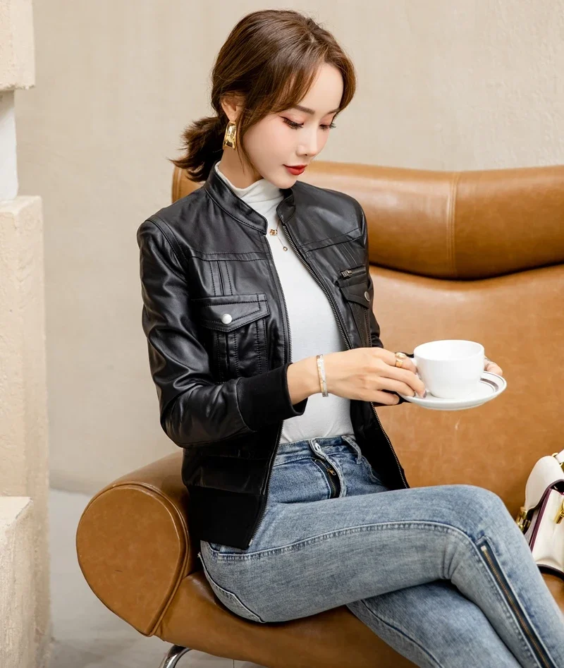 YOLANFAIRY الخريف جلد الغنم Bomber معطف المرأة سترة جلدية عالية الخصر ضئيلة قصيرة دراجة نارية سترة الإناث Roupas Femininas