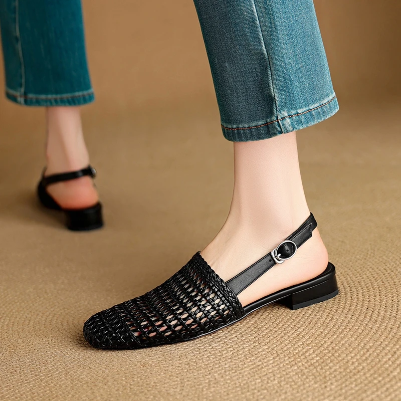 Women's New Genuine Leather Square Headed Cowhide Woven Elastic Band Breathable Hollow Low Heel Toe Mueller Sandals