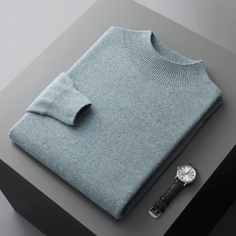 100% merino wool men's sweater high neck knitted long sleeve men's pullover basic solid color casual fashion men's tops