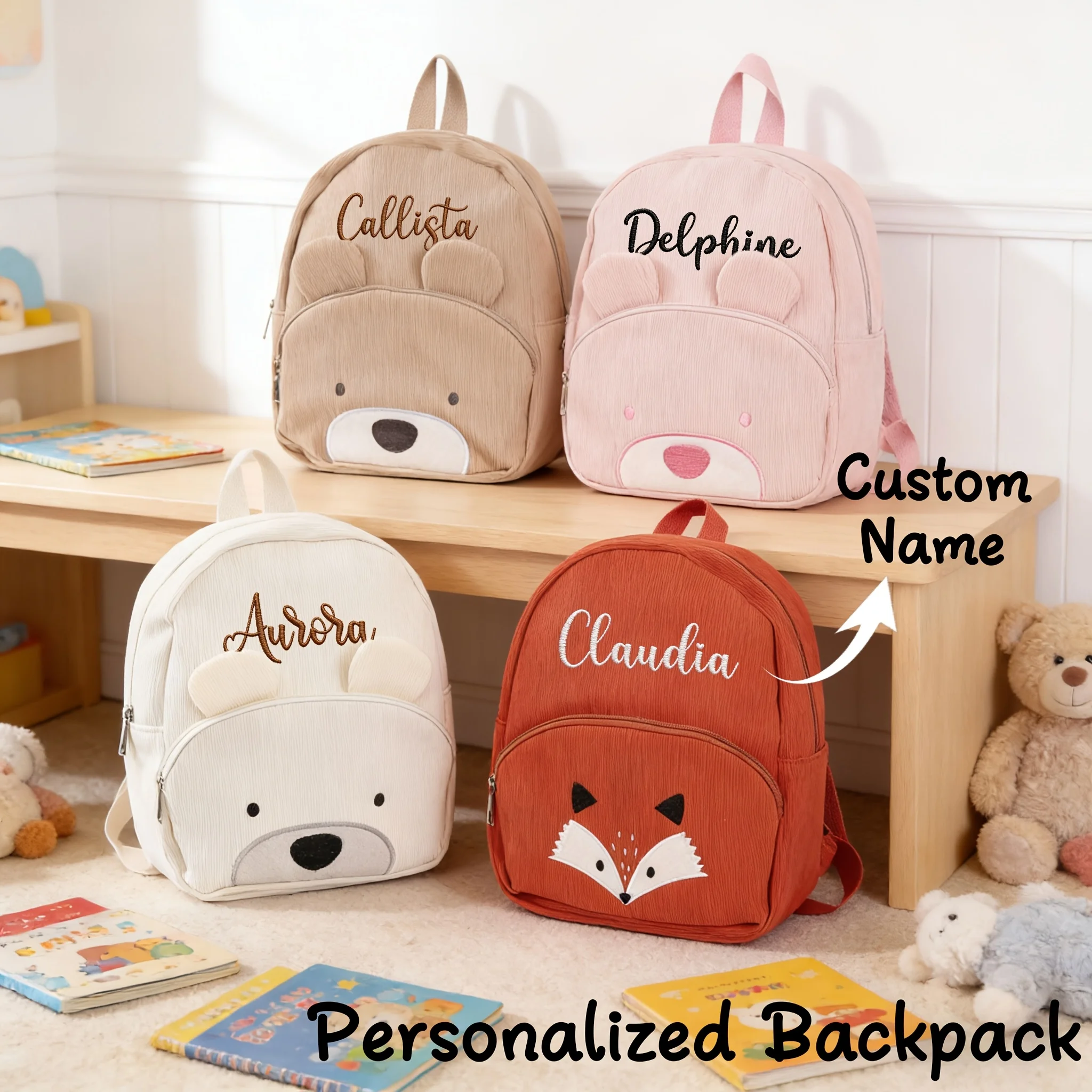 

1pc Persoanlized Animal Backpack, Custom Name Embroidered Corduroy Bag for Toddler School Gift, Birthday Bear Fox Bag
