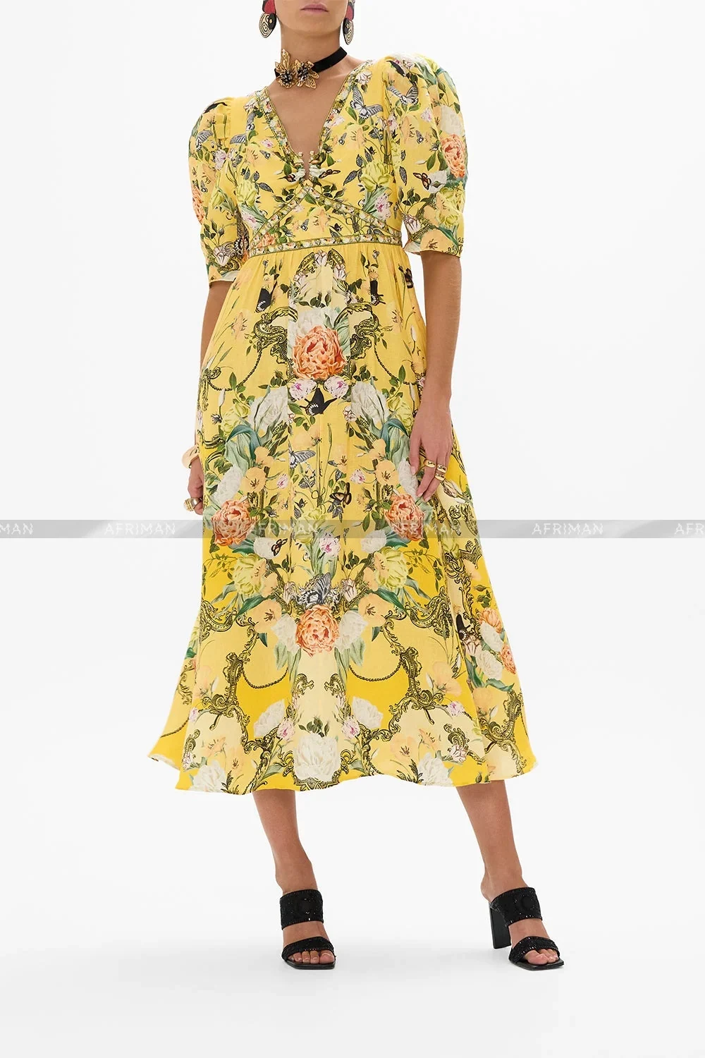 2024 New Women U Neck Crystal Beaded Yellow Flower Print Puff Sleeve Waist Long 100% Linen Dress