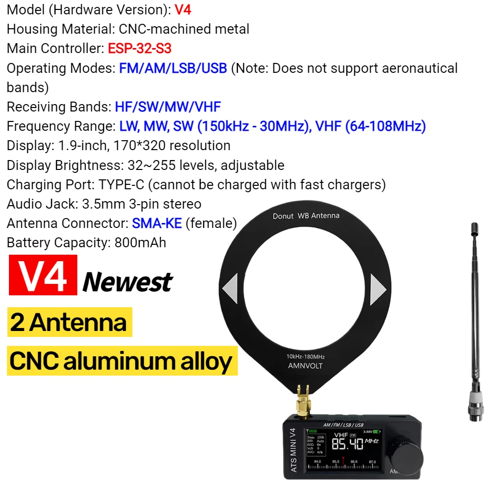 AMNVOLT V4/V3S ATS MINI SI4732 Radio ALL Band DSP Radio FM AM SSB LSB USB-ontvanger, ingebouwd Hi-Z hoofdtelefoonversterkercircuit