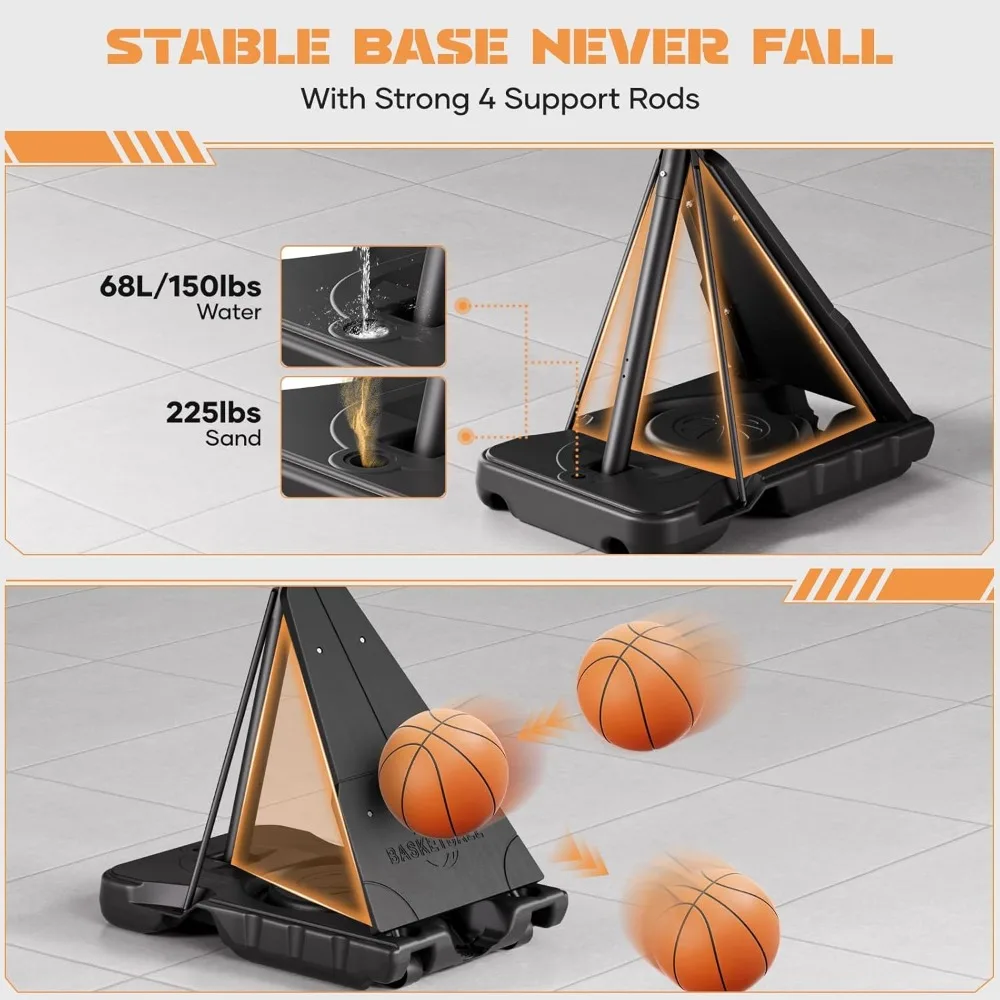 Aro de baloncesto portátil para exteriores de 10 pies con altura ajustable, tablero trasero de 44-48 pulgadas, continuo para todas las edades