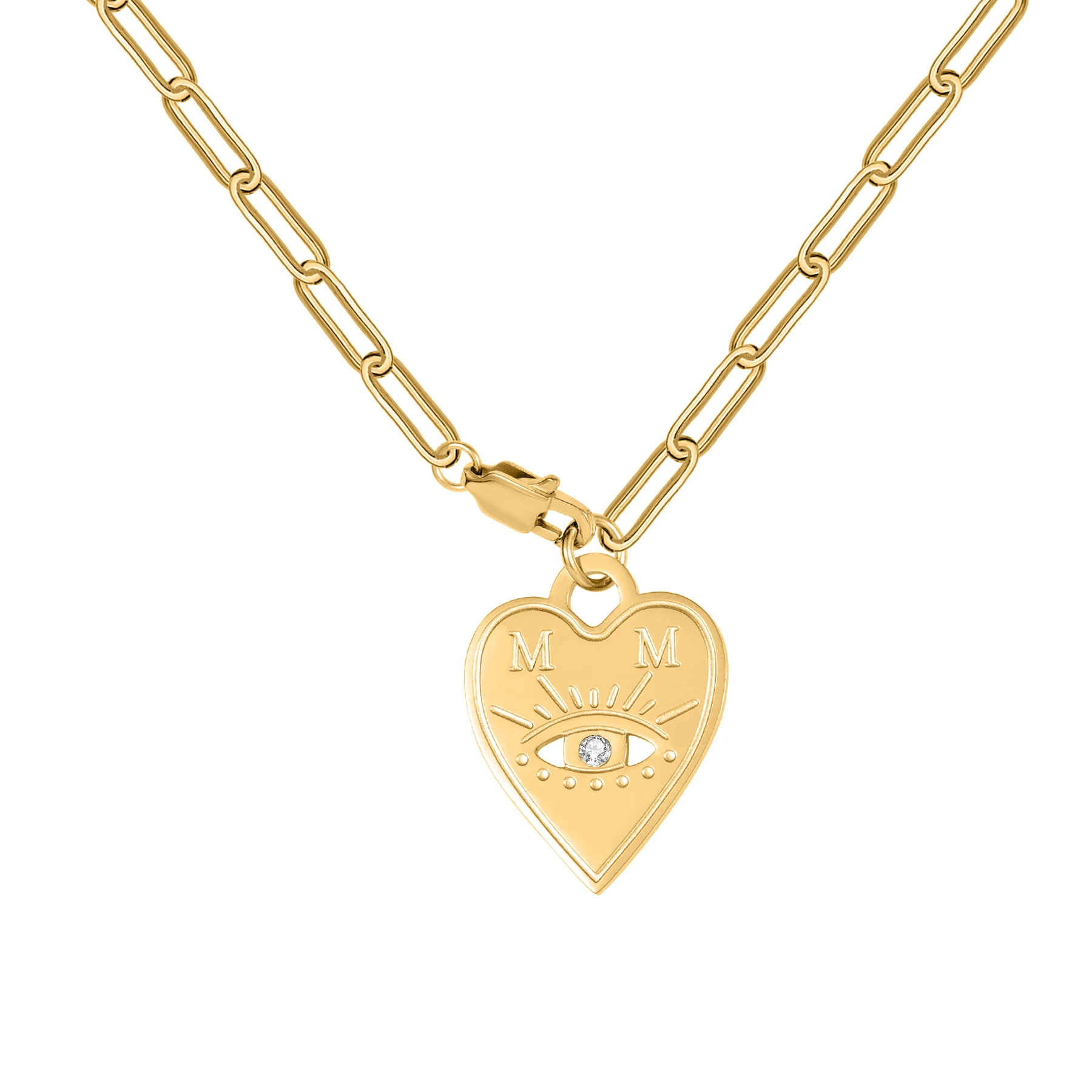 مخصص القلب قلادة الفولاذ المقاوم للصدأ مطلية بالذهب سلسلة مسطحة العين رمز الماس لهجة قلادة بحرف هدية للنساء عيد الميلاد