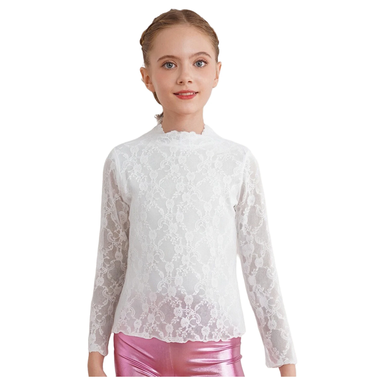 

Kids Girls See-Through Floral Lace Top Crew Neck Long Sleeve Sheer T-shirt Cute Undershirt Birthday Party Photo Shoot Clothes