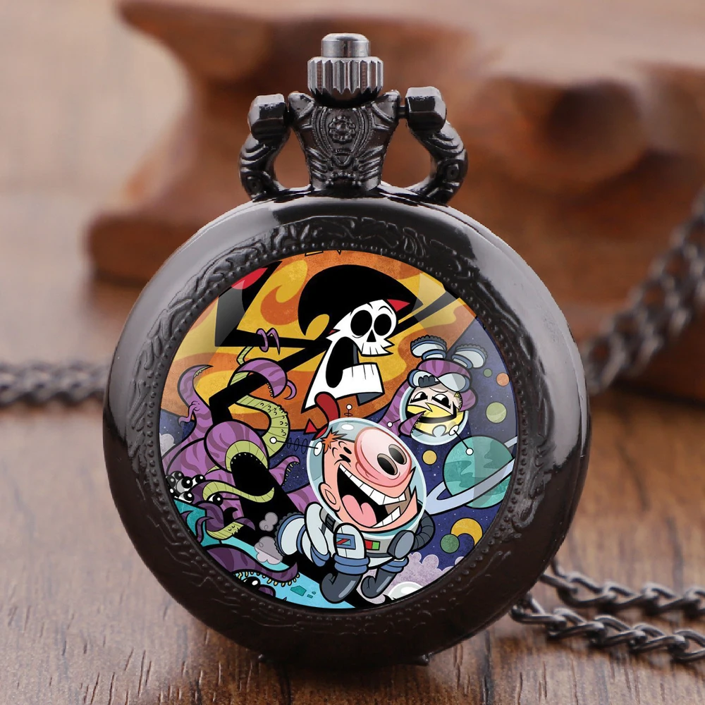 Billy e Mandy Glass Dome Quartz Pocket Watch With Durable Chain Arabic Numeral Dial Halloween Gifts for Men Women Kids