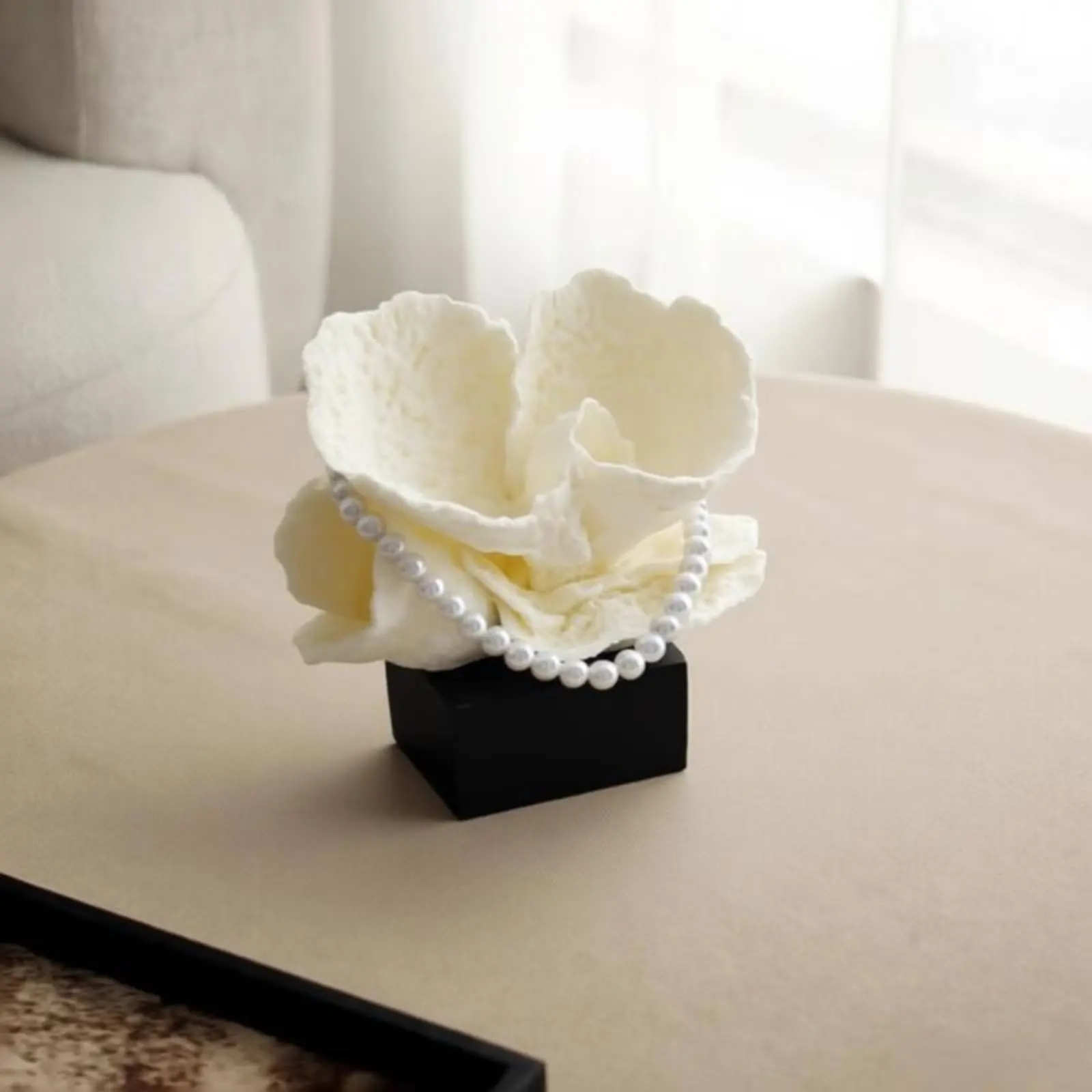 Coral Tabletop Ornament Elegant Design Coral Sculpture Ocean Themed Ornament Soft Color Desk Decoration Faux Pearl Garland