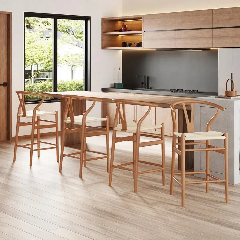 مقاعد بار ذات ارتفاع منسوج، كراسي بار الروطان المجمعة بالكامل لجزيرة المطبخ، قطعة واحدة، لمسة نهائية من خشب الجوز