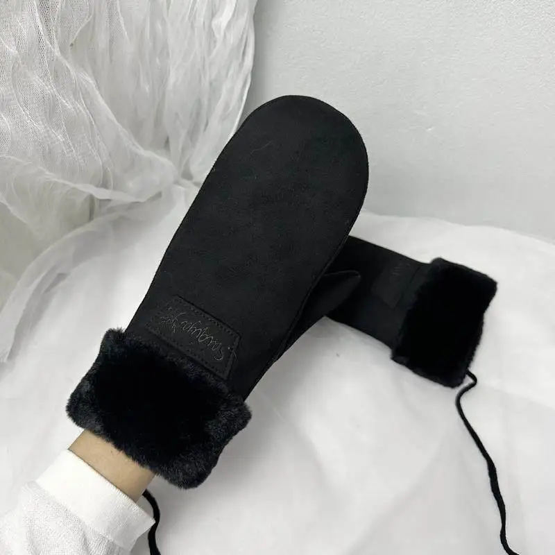 

Утепленные зимние перчатки из замши на флисовой подкладке для женщин и мужчин, милые студенческие перчатки для езды на велосипеде, ветрозащитные, с сенсорным экраном, на шнурке для ношения на шее