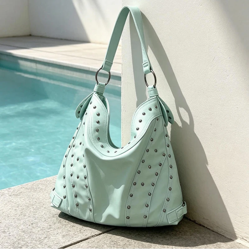 Mint Green Matal Studded Shoulder Bag,Large Capacity Women Motorcycle Biker Style Rivet Tote Bag,Commute Top Handle Handbag