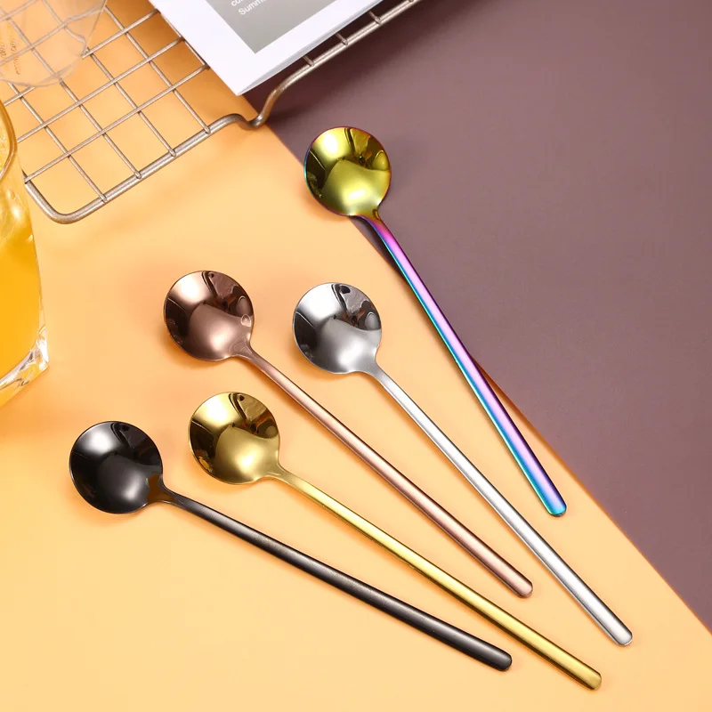 Coffee Spoon Stainless Steel Round Head Long Handle Ice Cream Stirring Dessert Honey Mixing Spoon Kitchen Tableware Decoration