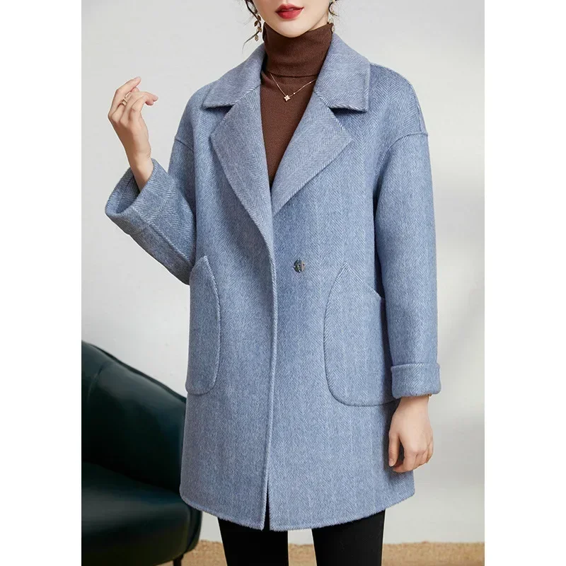 

2023 autumn and winter new medium and long double-sided cashmere coat women's character pattern high-end fashion woolwoolen coat