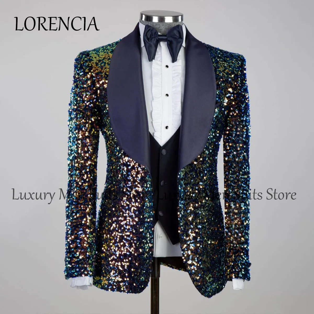 

Glitter Men Suits Beaded Gem Crystals Lapel Groom Wedding Tuxedos Single Breasted 3 Pieces Sets Male Party Blazers Homme