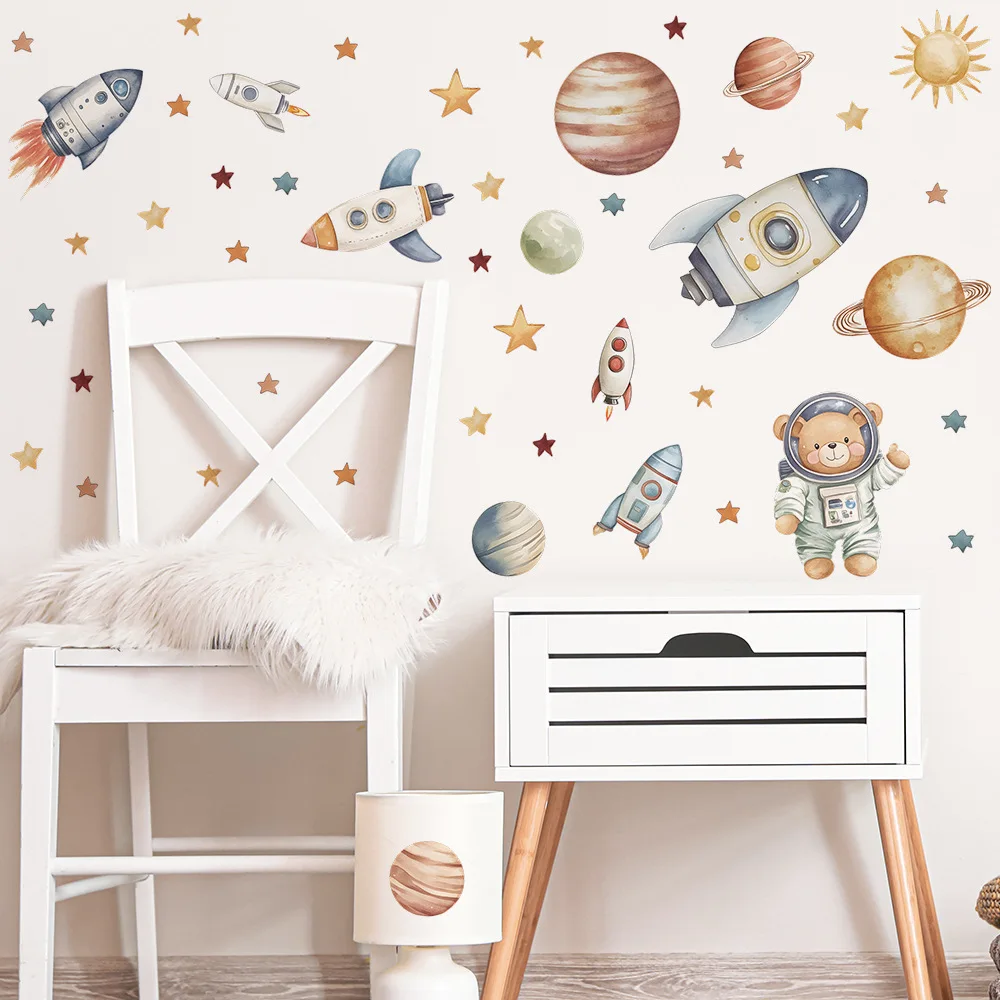 Cartoon Bear Astronaut Rocket Wall Stickers For Kids Room Background Decoration Mural Baby Bedroom Home Decor Removable Decals