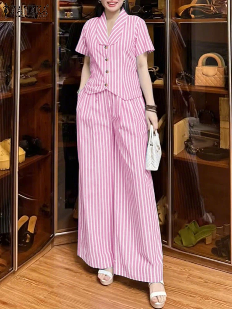ZANZEA Womens Elegant Office 2 Pieces Sets Shawl Collar Short Sleeve Shirts Wide Leg Pants 2pcs Outfit Suits Striped Pant Sets