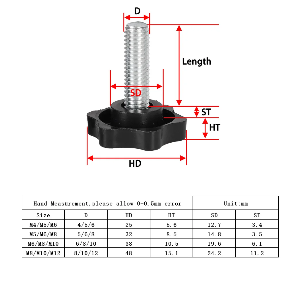 M4 M5 M6 M8 M10 Plastic Handle Clamping Bolts Nuts Kits Stainless Steel Thumb Screws Hand Knob Fastening Industry Equip Bolt