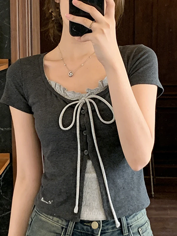 

Summer Women's T-Shirt Large Size Short Sleeve Ruffle Collar Knot Design Sweet And Spicy Style Korean Commute Fashion