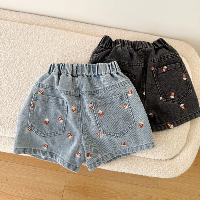 New Summer Children's Denim Shorts Embroidered Popcorn Casual Knee-lemgth Pants Boys Girls Elastic Waist Loose Shorts