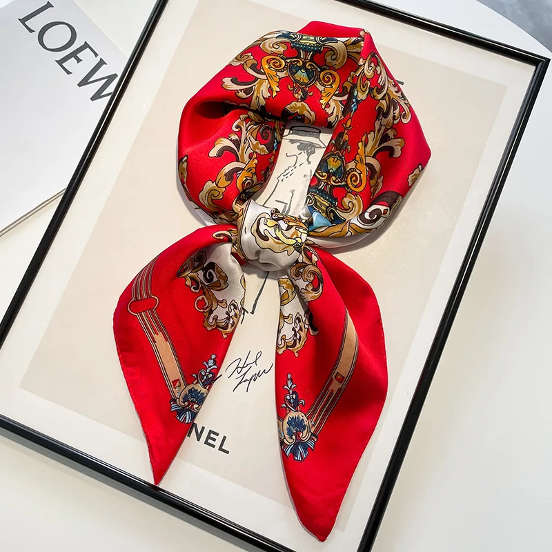 Red Oil Painting Print 70*70cm Silk Square Scarf Women Soft Satin Hairband Neckerchief Tie Female Headband Foulard Bag Ribbon