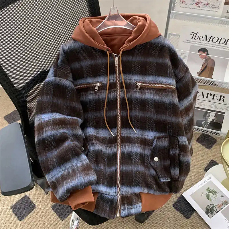 

Women Brown Striped Hoodie Jacket Long Sleeve Coat Vintage Harajuku 2000s Y2k Oversize Warm Thicke Autumn Jacket Clothes Winter