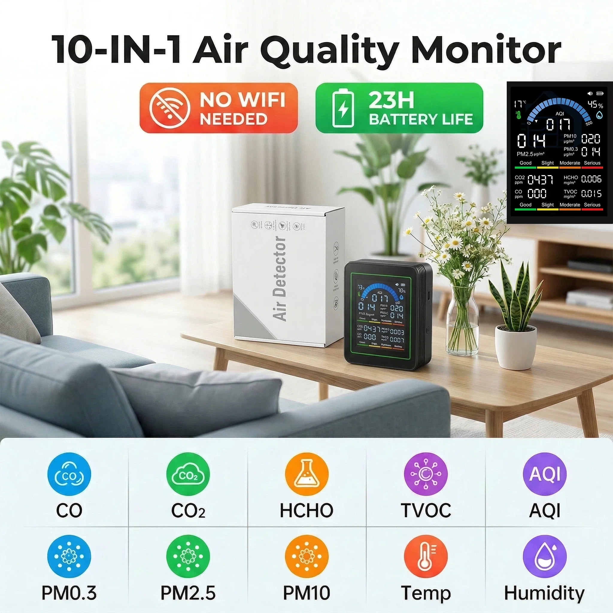

home Non-WiFi 10-in-1 Air Quality Monitor CO CO2 Meter PM2.5 PM0.3 PM1.0 Formaldehyde Detector Temperature and Humidity Tester