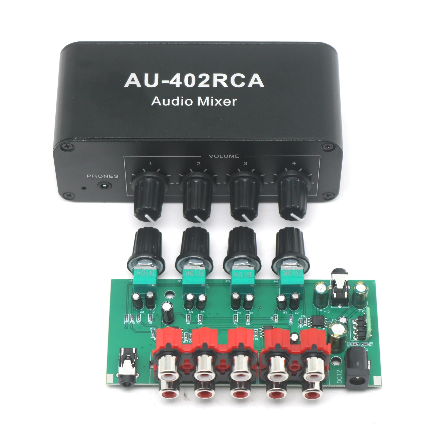 4-in/2-out Stereo Audio Mixer - RCA 3.5mm Inputs Auto-Mixing No Switching Required Volume Control Drive Headphone Amplifier