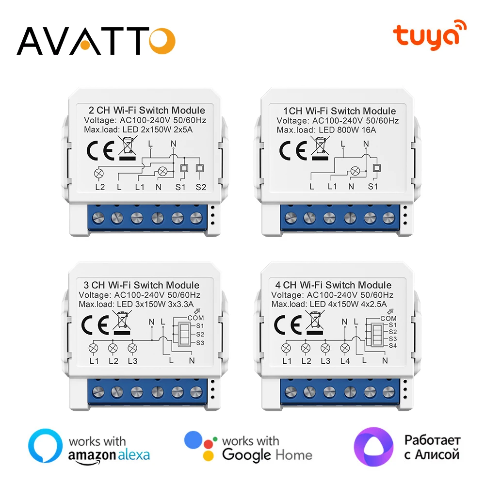 AVATTO Tuya WiFi 1/2/3/4 Gang Smart Light Switch Module，Neutral Wire Control DIY Breaker Work For Alexa, Google Home