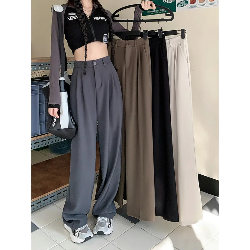 Grey Black Straight Suit Pants Women's Spring And Autumn Elastic Waist Loose Office Lady High Waist Trousers Wide Leg Pants