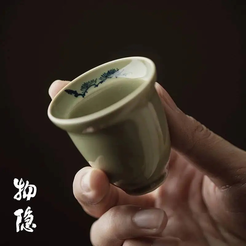 Wuyintang hand Painted Pine Needle Zhiyuan Vintage Yue Kiln Celadon Handmade Thin Walled Cup Kung Fu Tea Set