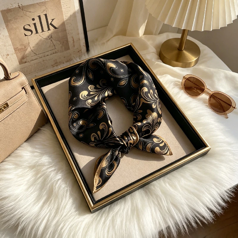 

Black Silk Silk Scarf Small Square Scarf New Mulberry Silk Versatile Foreign Style Fashion Air-conditioned Room Warm Small Scarf
