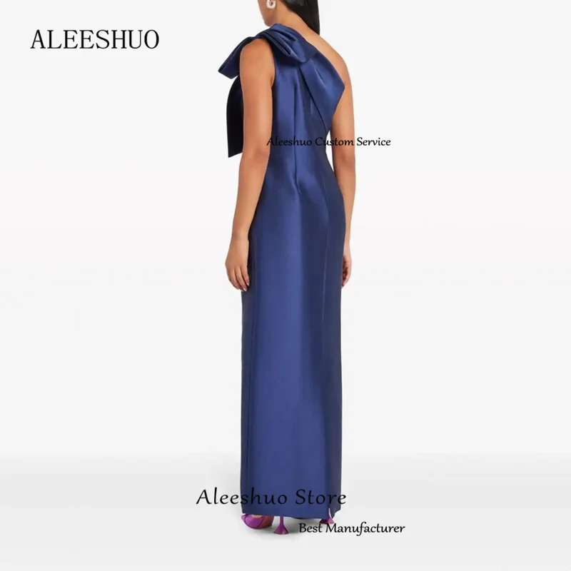 Aleeshuo Smiple Mermaid Satin Long Prom Dresses One Shoulder Pleats Bow Evening Gown Sleeveless Formal Party Dress Floor Length