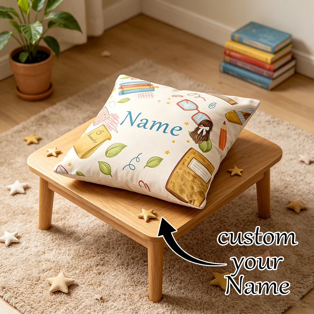 1PC Custom Name Pillow Cover, School Book Stationery Print, Personalized Cushion Case for Kids Study Room Sofa Bedroom Home Gift