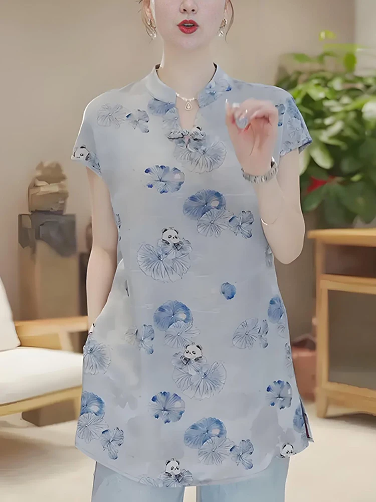 

Новая китайская женская летняя блузка с V-образным вырезом и принтом, свободного кроя, модная, для повседневной носки, визуально стройнящая фигуру.