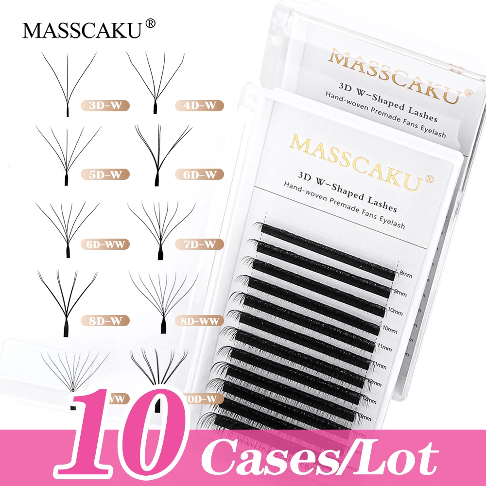 

Wholesale MASSCAKU 10cases/lot 0.07mm Thickness Waterproof W Design Eyelashes Wispy Handmade Premade Volume Fans Eyelash Bundles