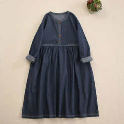 Japanese Mori Girl Vintage Denim Blue Cotton Dress Women Spring Autumn V-Neck Long Sleeve Casual Loose Jeans Dresses